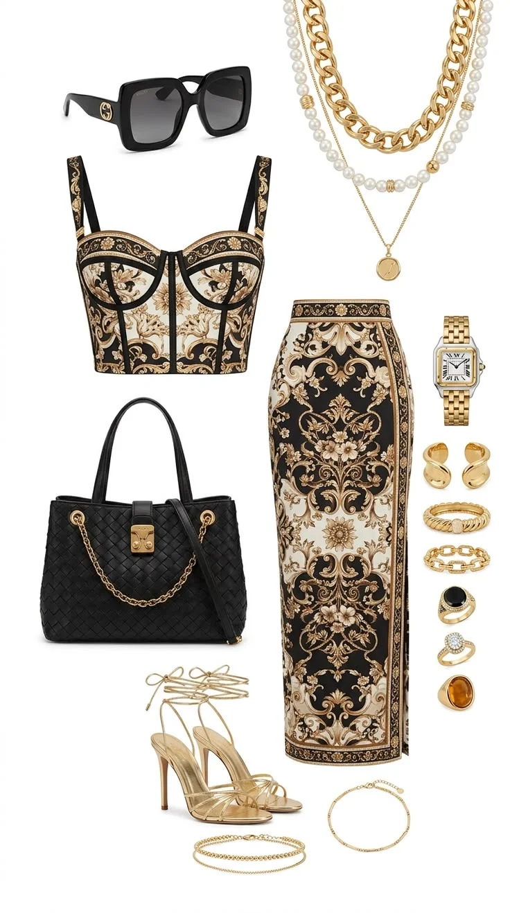 Referência do conjunto estampado preto e dourado com acessórios