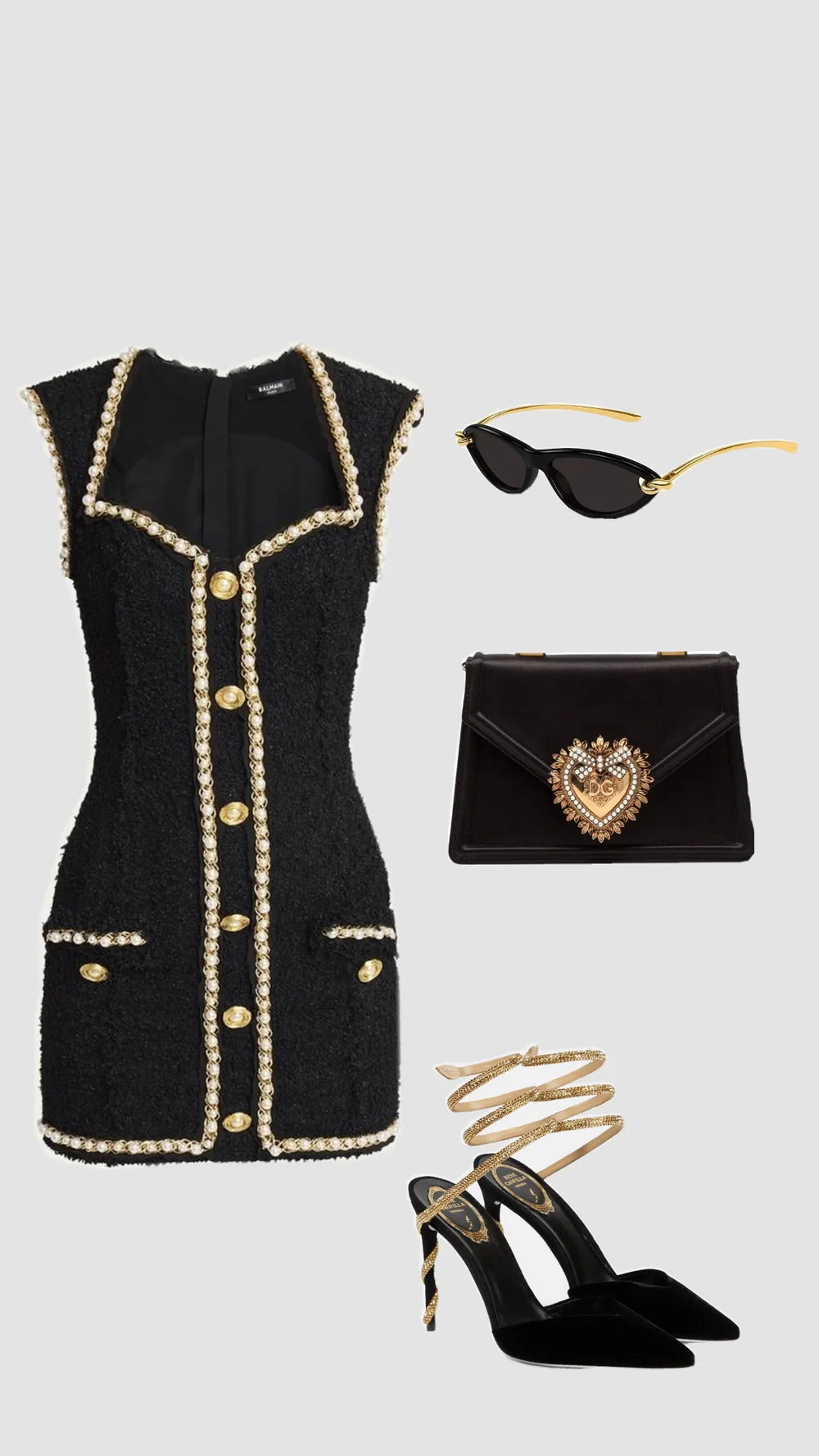 Produtos de referência: vestido preto, óculos, bolsa e sapatos